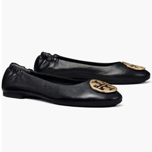 NWOB Tory Burch Claire Leather Ballet Ballerina Flats in Black Gold Hardware
